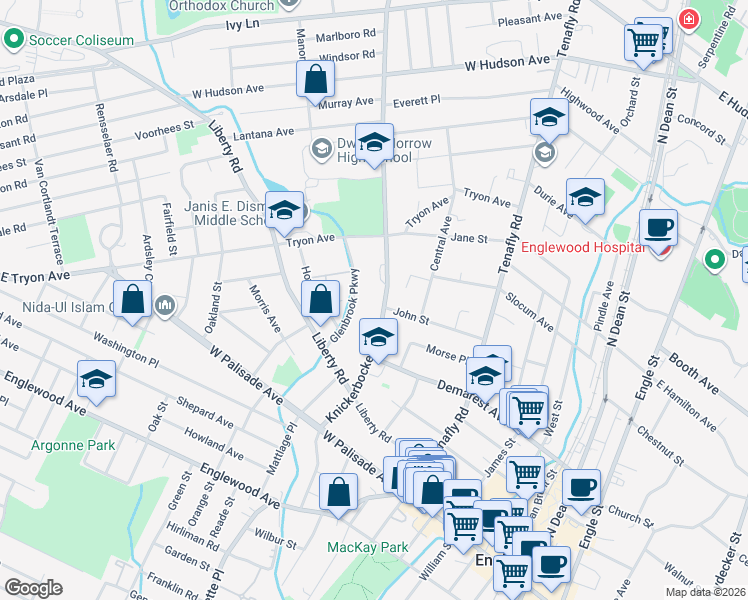 map of restaurants, bars, coffee shops, grocery stores, and more near 137 Glenbrook Parkway in Englewood