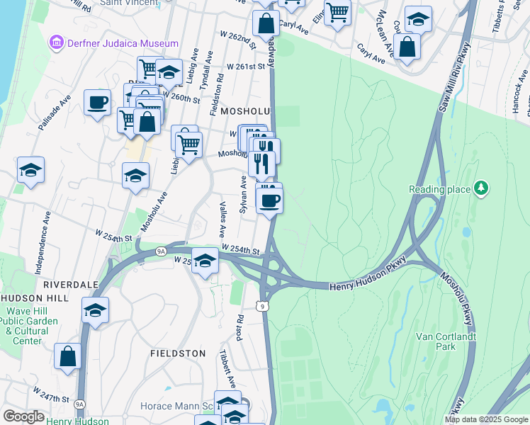 map of restaurants, bars, coffee shops, grocery stores, and more near 210 West 256th Street in Bronx