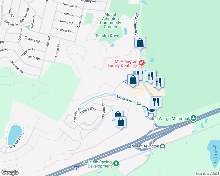 map of restaurants, bars, coffee shops, grocery stores, and more near 34 Brookside Lane in Mount Arlington