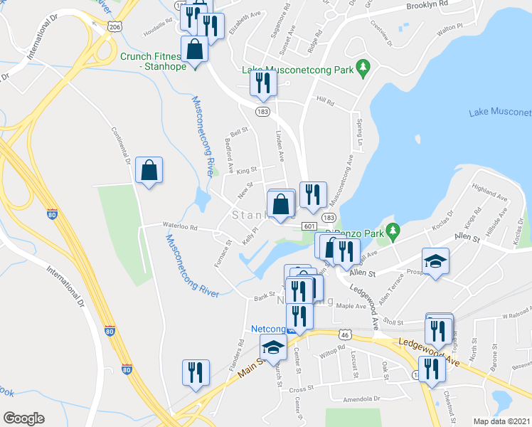 map of restaurants, bars, coffee shops, grocery stores, and more near 70 Main Street in Stanhope