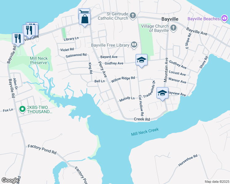 map of restaurants, bars, coffee shops, grocery stores, and more near 10 Creek Ridge Road in Bayville