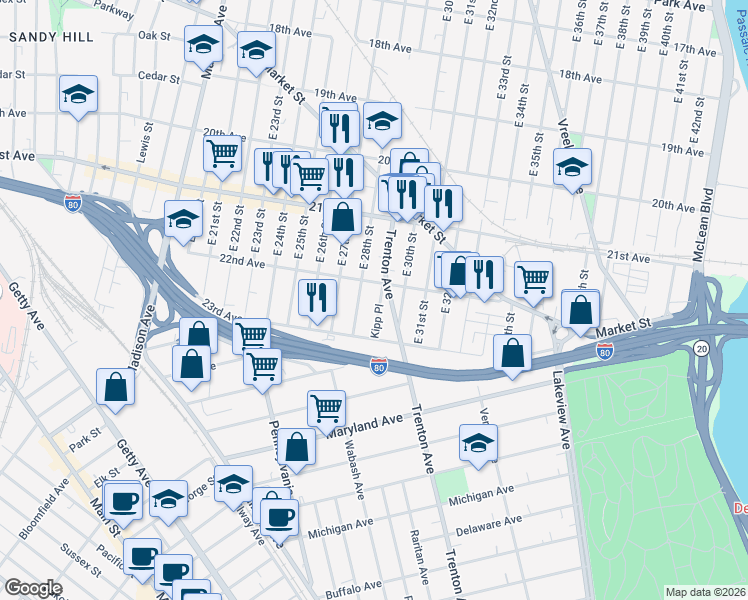 map of restaurants, bars, coffee shops, grocery stores, and more near 182 22nd Avenue in Paterson