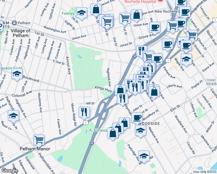 map of restaurants, bars, coffee shops, grocery stores, and more near 75 Kings Highway in New Rochelle