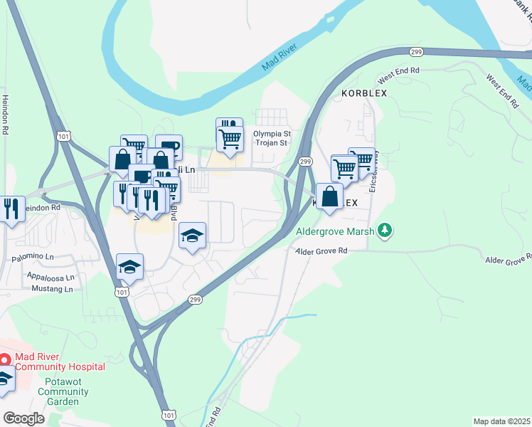 map of restaurants, bars, coffee shops, grocery stores, and more near 958 Courtyard Circle in Arcata