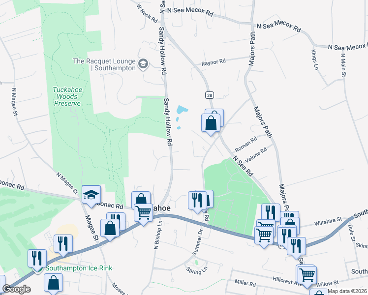 map of restaurants, bars, coffee shops, grocery stores, and more near 64 Sandy Hollow Road in Southampton