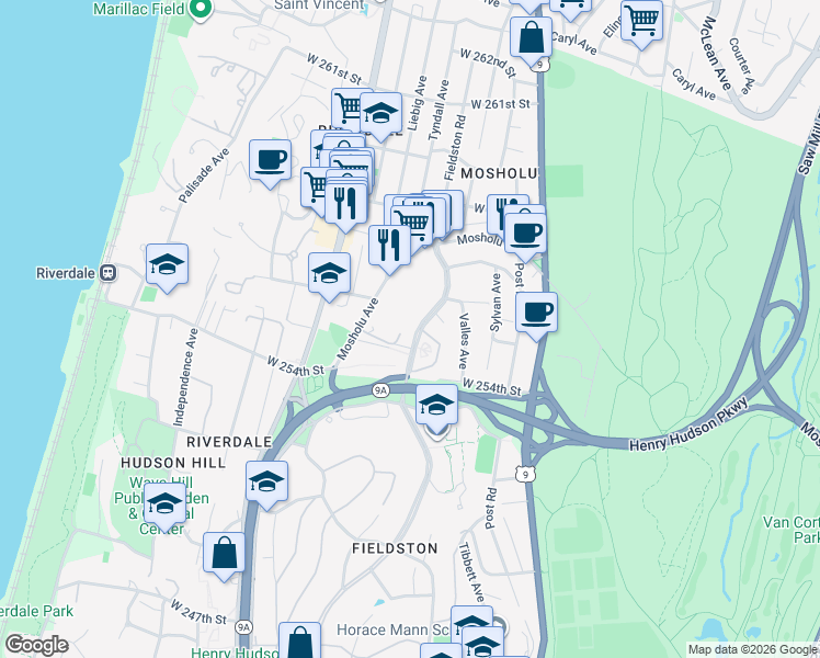 map of restaurants, bars, coffee shops, grocery stores, and more near 355 West 255th Street in Bronx