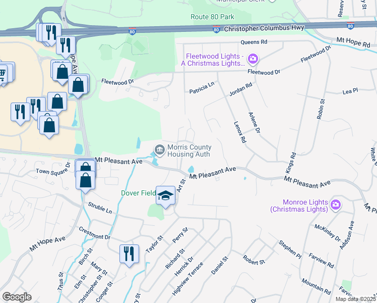 map of restaurants, bars, coffee shops, grocery stores, and more near 93 Mount Pleasant Avenue in Dover