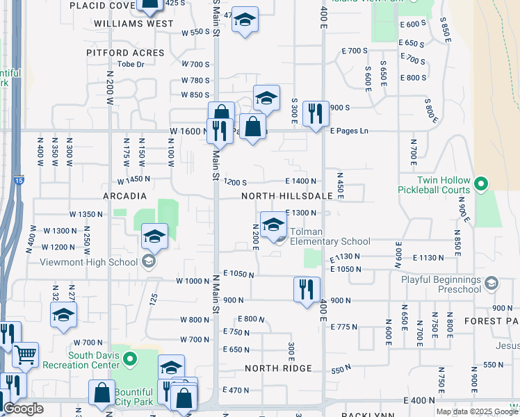 map of restaurants, bars, coffee shops, grocery stores, and more near 1310 North 200 East in Bountiful