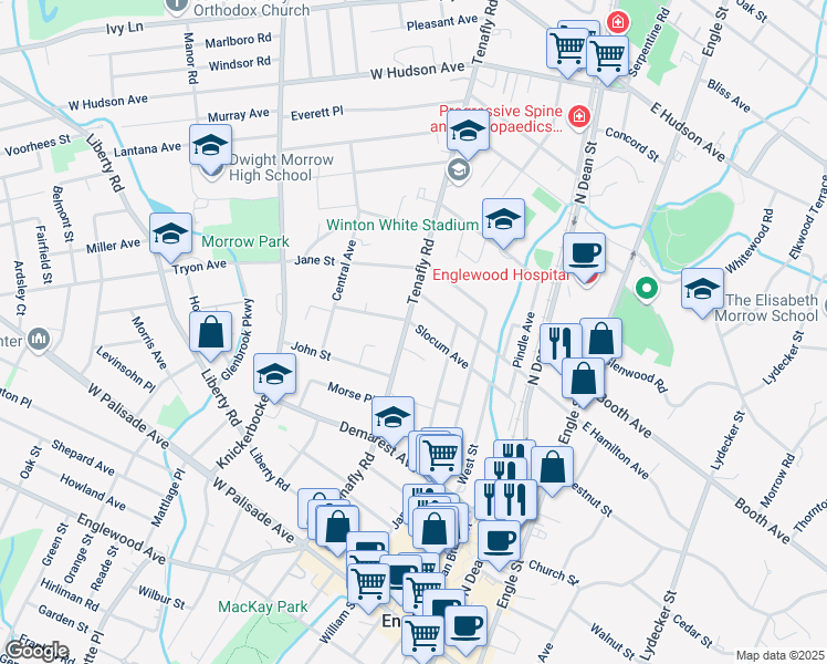map of restaurants, bars, coffee shops, grocery stores, and more near 217 Tenafly Road in Englewood