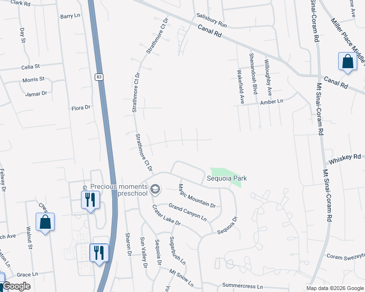 map of restaurants, bars, coffee shops, grocery stores, and more near 7 Appomattox Court in Coram