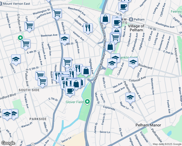 map of restaurants, bars, coffee shops, grocery stores, and more near 440 Highland Avenue in Mount Vernon
