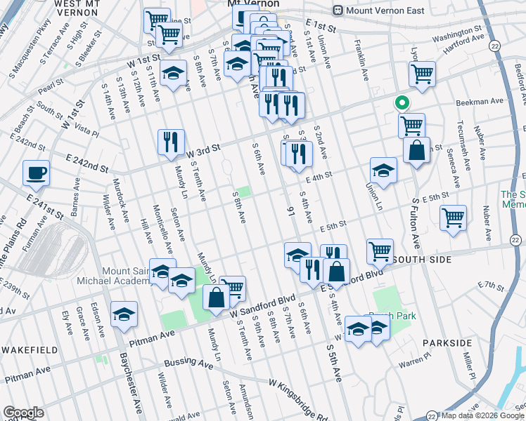 map of restaurants, bars, coffee shops, grocery stores, and more near 312A South 6th Avenue in Mount Vernon