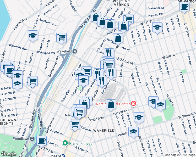 map of restaurants, bars, coffee shops, grocery stores, and more near in The Bronx