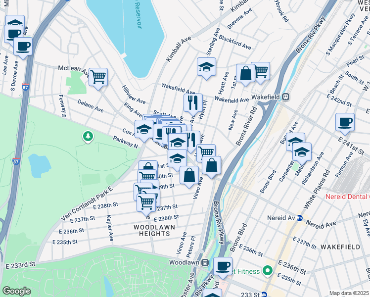 map of restaurants, bars, coffee shops, grocery stores, and more near 25 Woodlawn Avenue in Yonkers