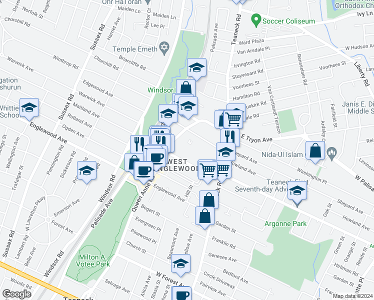 map of restaurants, bars, coffee shops, grocery stores, and more near 1494 West Terrace Circle in Teaneck
