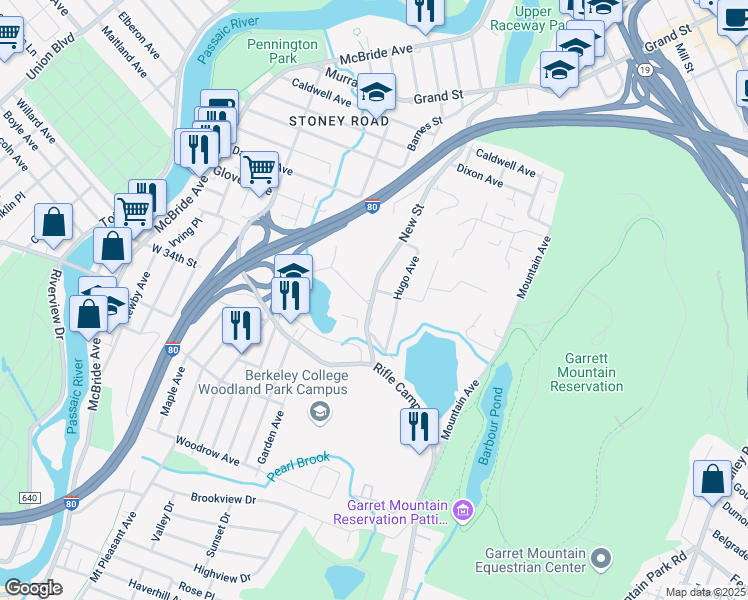 map of restaurants, bars, coffee shops, grocery stores, and more near 69 Hugo Avenue in Woodland Park