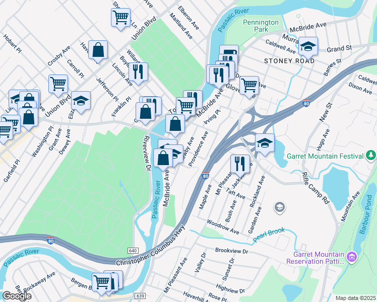 map of restaurants, bars, coffee shops, grocery stores, and more near 31 Newby Avenue in Woodland Park