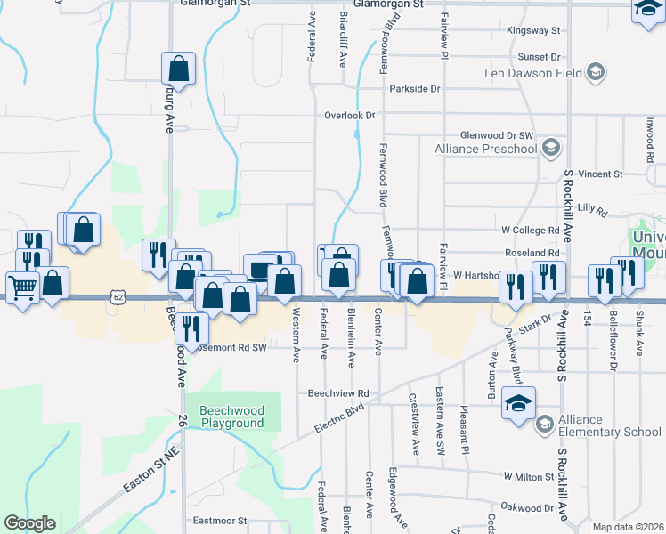 map of restaurants, bars, coffee shops, grocery stores, and more near 1850 Federal Avenue in Alliance