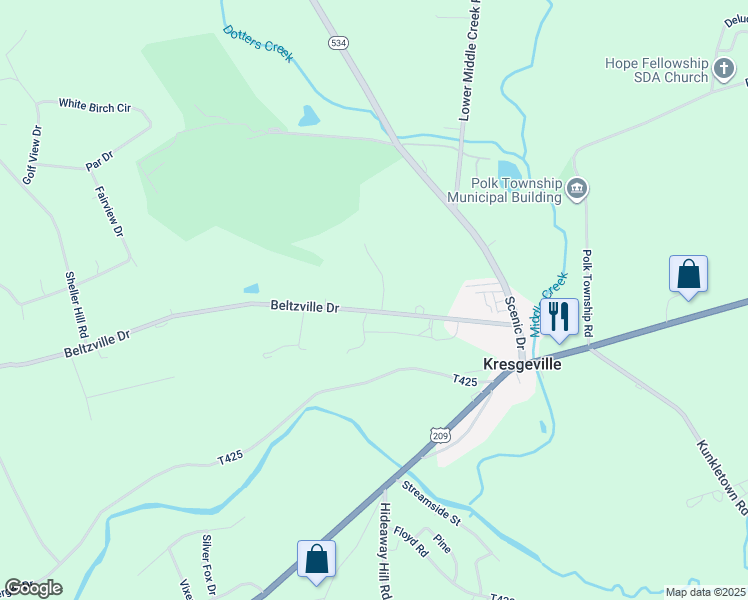 map of restaurants, bars, coffee shops, grocery stores, and more near 107 Hilltop Drive in Kunkletown