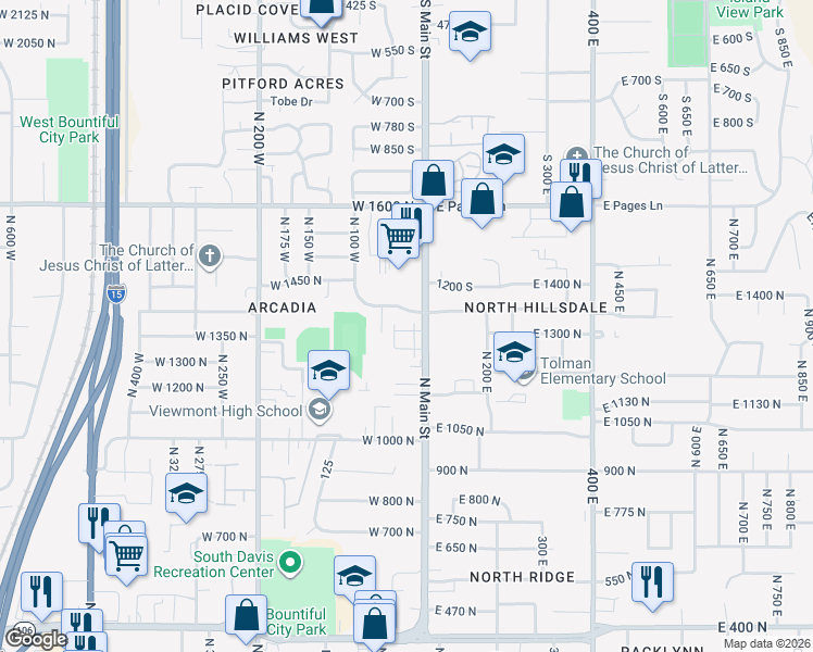 map of restaurants, bars, coffee shops, grocery stores, and more near 24 East 1350 North in Bountiful