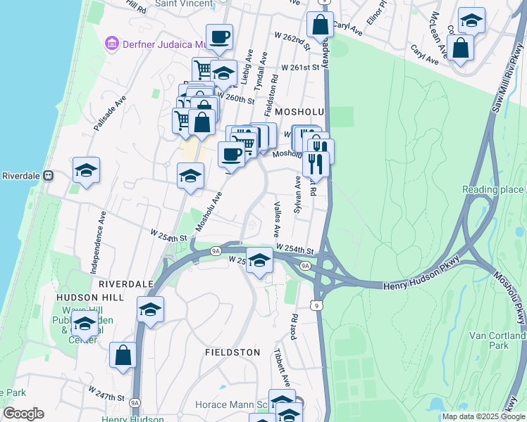 map of restaurants, bars, coffee shops, grocery stores, and more near 5500 Fieldston Road in The Bronx