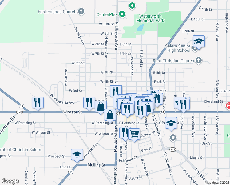 map of restaurants, bars, coffee shops, grocery stores, and more near 154 West 3rd Street in Salem