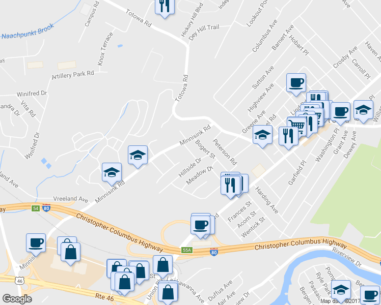 map of restaurants, bars, coffee shops, grocery stores, and more near Catherine Street in Totowa