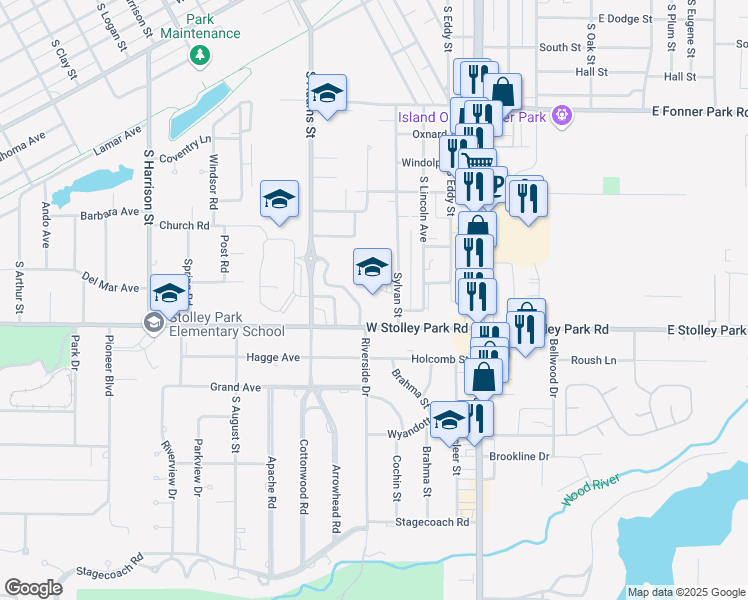 map of restaurants, bars, coffee shops, grocery stores, and more near 602 West Stolley Park Road in Grand Island