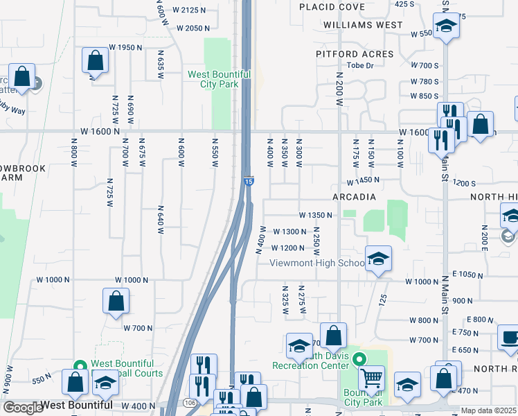 map of restaurants, bars, coffee shops, grocery stores, and more near 1373 North 400 West in Bountiful