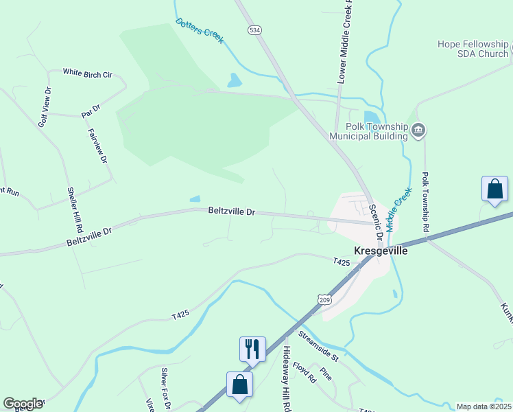 map of restaurants, bars, coffee shops, grocery stores, and more near 405 Beltzville Drive in Kunkletown