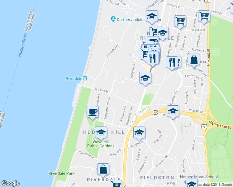 map of restaurants, bars, coffee shops, grocery stores, and more near River Crest Road in Bronx