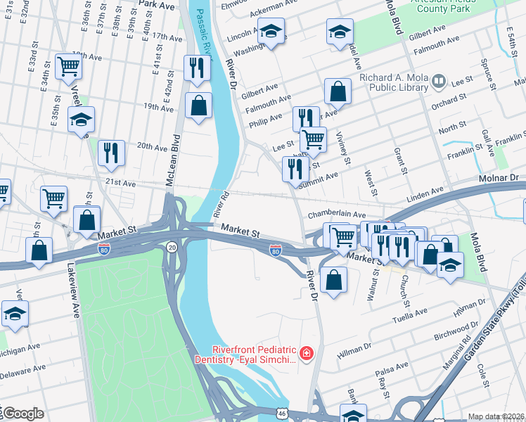 map of restaurants, bars, coffee shops, grocery stores, and more near 35 Market Street in Elmwood Park