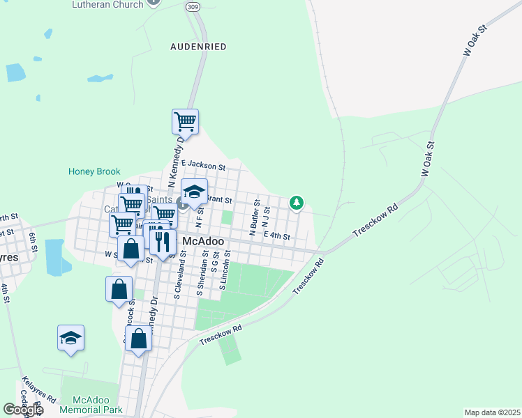 map of restaurants, bars, coffee shops, grocery stores, and more near 404 East Grant Street in McAdoo