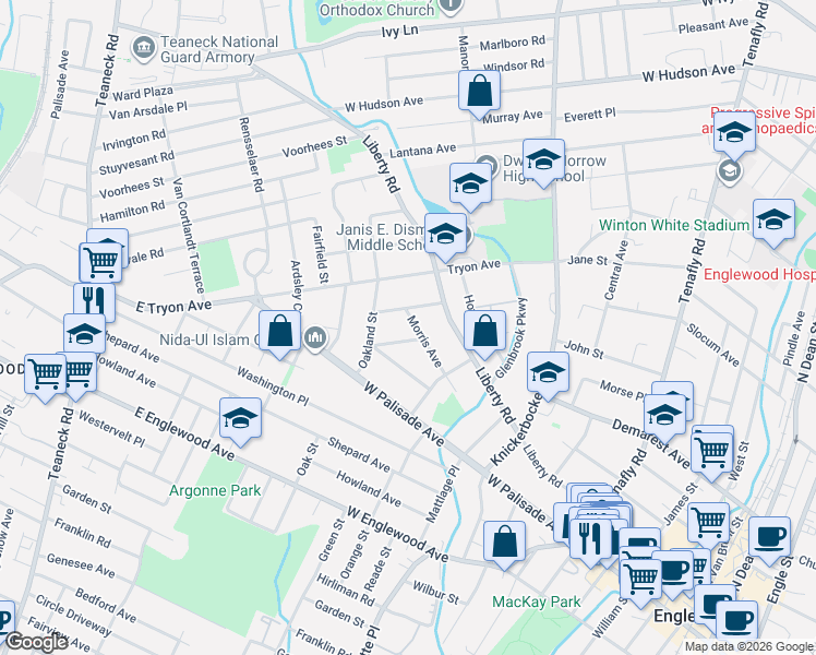 map of restaurants, bars, coffee shops, grocery stores, and more near 105 Reis Avenue in Englewood