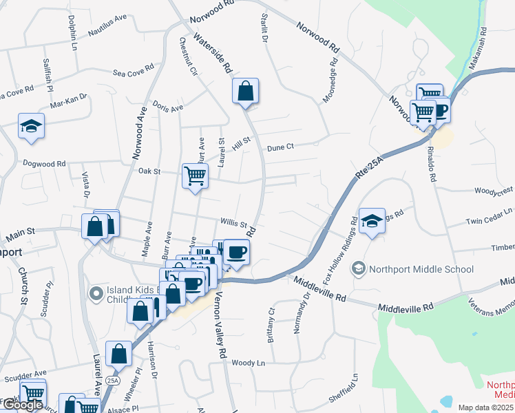 map of restaurants, bars, coffee shops, grocery stores, and more near 34 Crestfield Place in Northport