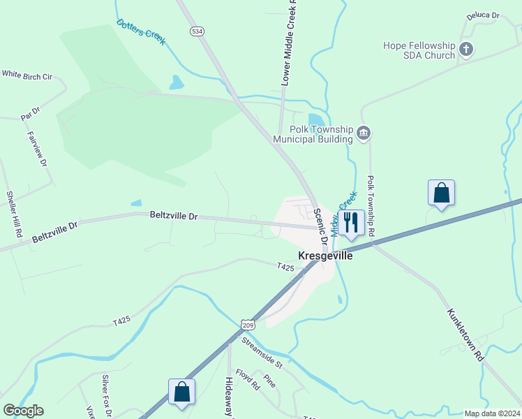 map of restaurants, bars, coffee shops, grocery stores, and more near 449 Beltzville Drive in Kunkletown