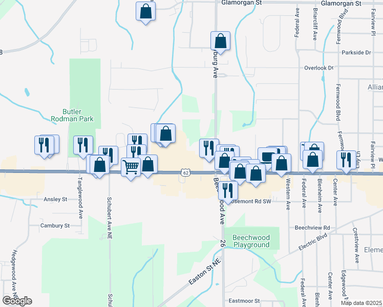 map of restaurants, bars, coffee shops, grocery stores, and more near 1965 W State St in Alliance