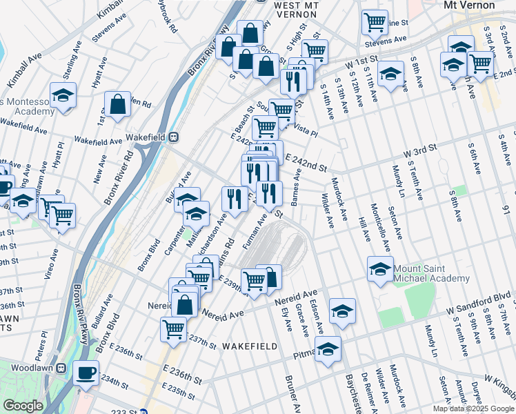 map of restaurants, bars, coffee shops, grocery stores, and more near 715 Cranford Avenue in The Bronx