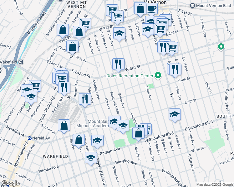 map of restaurants, bars, coffee shops, grocery stores, and more near in The Bronx