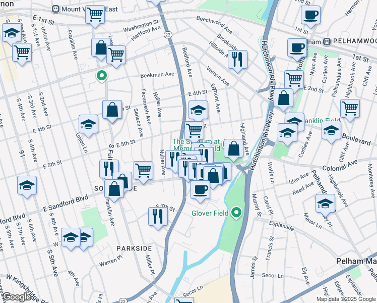 map of restaurants, bars, coffee shops, grocery stores, and more near 425 South Columbus Avenue in Mount Vernon