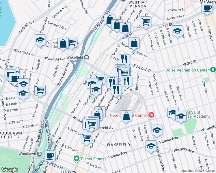 map of restaurants, bars, coffee shops, grocery stores, and more near 4630 Matilda Avenue in The Bronx