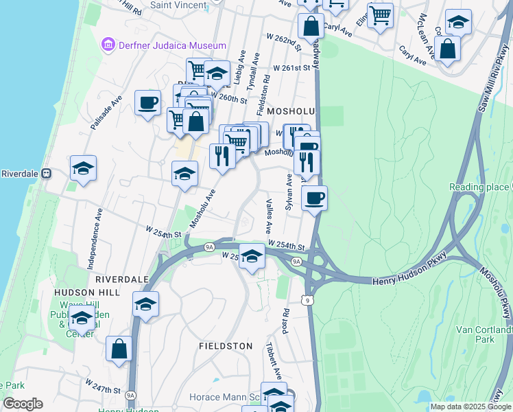 map of restaurants, bars, coffee shops, grocery stores, and more near 5550 Fieldston Road in The Bronx