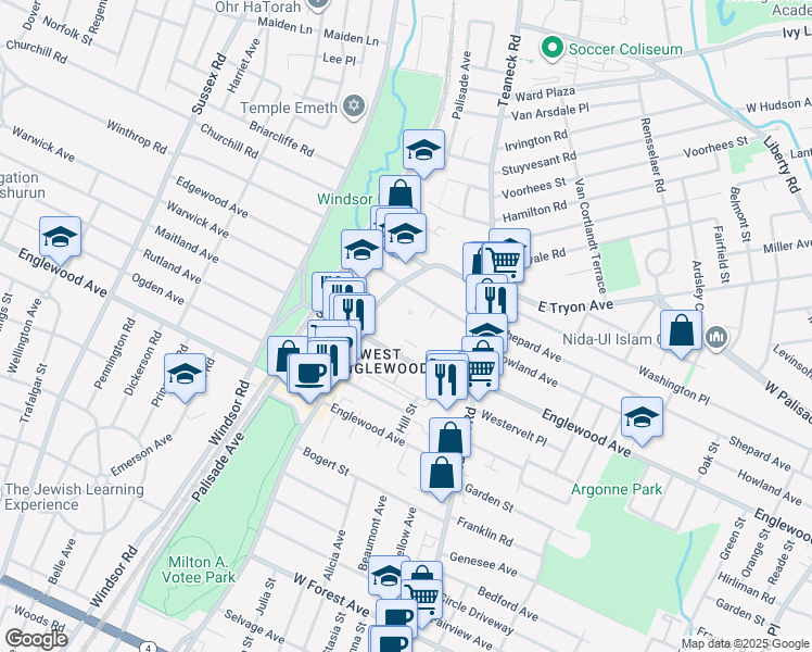 map of restaurants, bars, coffee shops, grocery stores, and more near 1494 West Terrace Circle in Teaneck