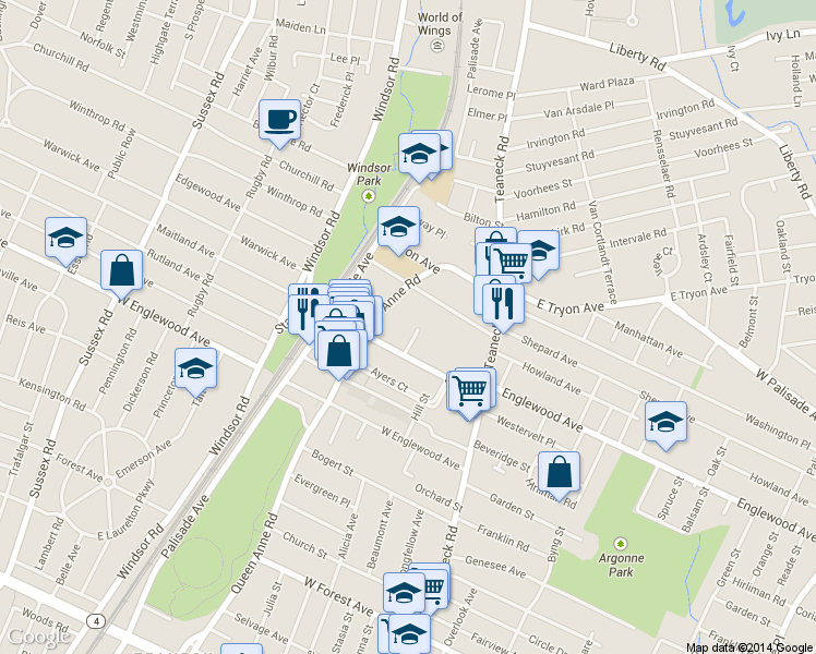 map of restaurants, bars, coffee shops, grocery stores, and more near 1494 West Terrace Circle in Teaneck