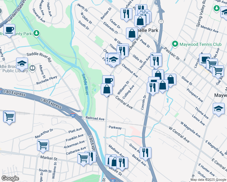 map of restaurants, bars, coffee shops, grocery stores, and more near 250 Rochelle Avenue in Rochelle Park