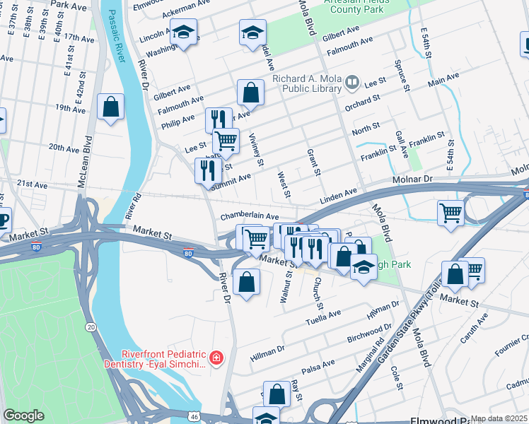 map of restaurants, bars, coffee shops, grocery stores, and more near 2 Livi Court in Elmwood Park