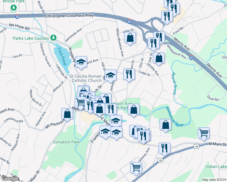 map of restaurants, bars, coffee shops, grocery stores, and more near 119 Maple Avenue in Rockaway