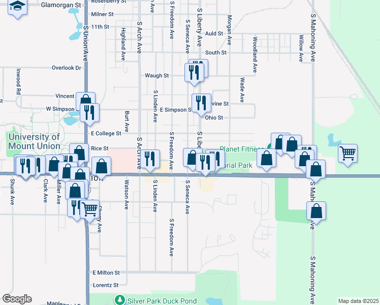 map of restaurants, bars, coffee shops, grocery stores, and more near 1757 South Seneca Avenue in Alliance