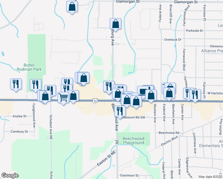 map of restaurants, bars, coffee shops, grocery stores, and more near 1845 South Sawburg Avenue in Alliance