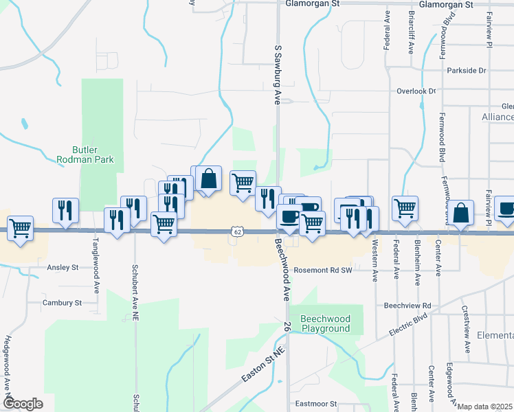 map of restaurants, bars, coffee shops, grocery stores, and more near 1965 W State St in Alliance